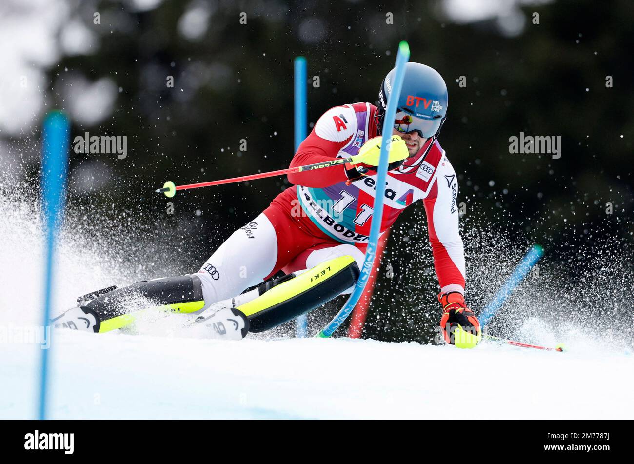 Alpine Skiing - FIS Alpine Ski World Cup - Men's Slalom - Adelboden, Switzerland - January 8, 2023 Austria's Johannes Strolz in action REUTERS/Stefan Wermuth Stock Photo