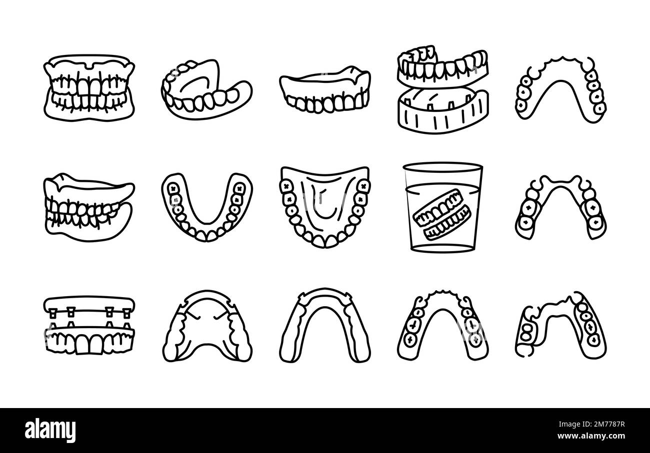 False teeth line icons set. Dental prosthetic. Vector illustration