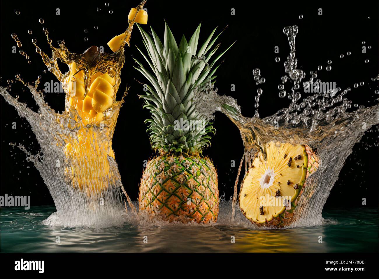 A closeup of pineapple slices and the juice splashes isolated on a dark ...