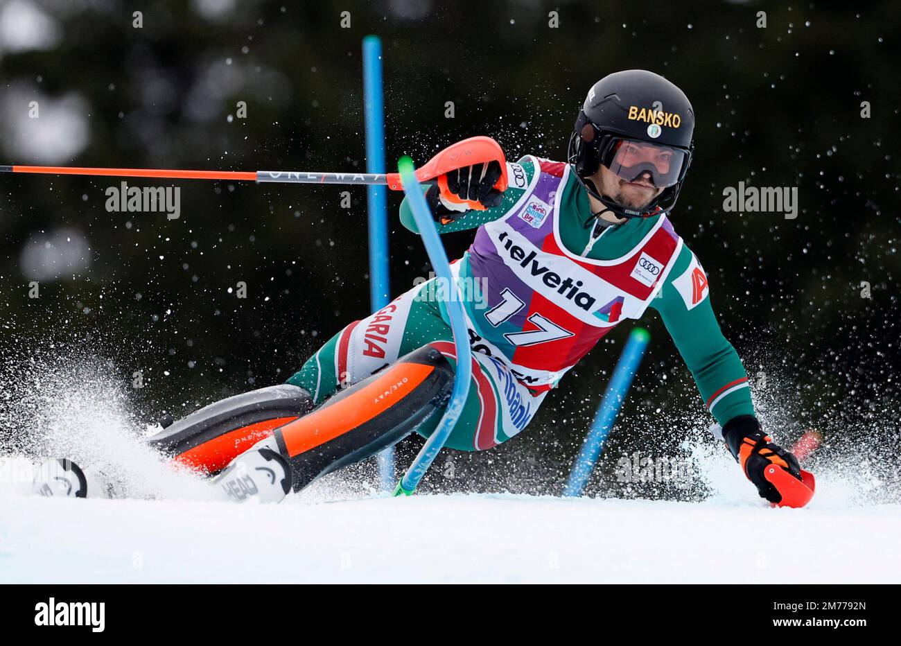 Alpine Skiing - FIS Alpine Ski World Cup - Men's Slalom - Adelboden, Switzerland - January 8, 2023 Bulgaria's Albert Popov in action REUTERS/Stefan Wermuth Stock Photo