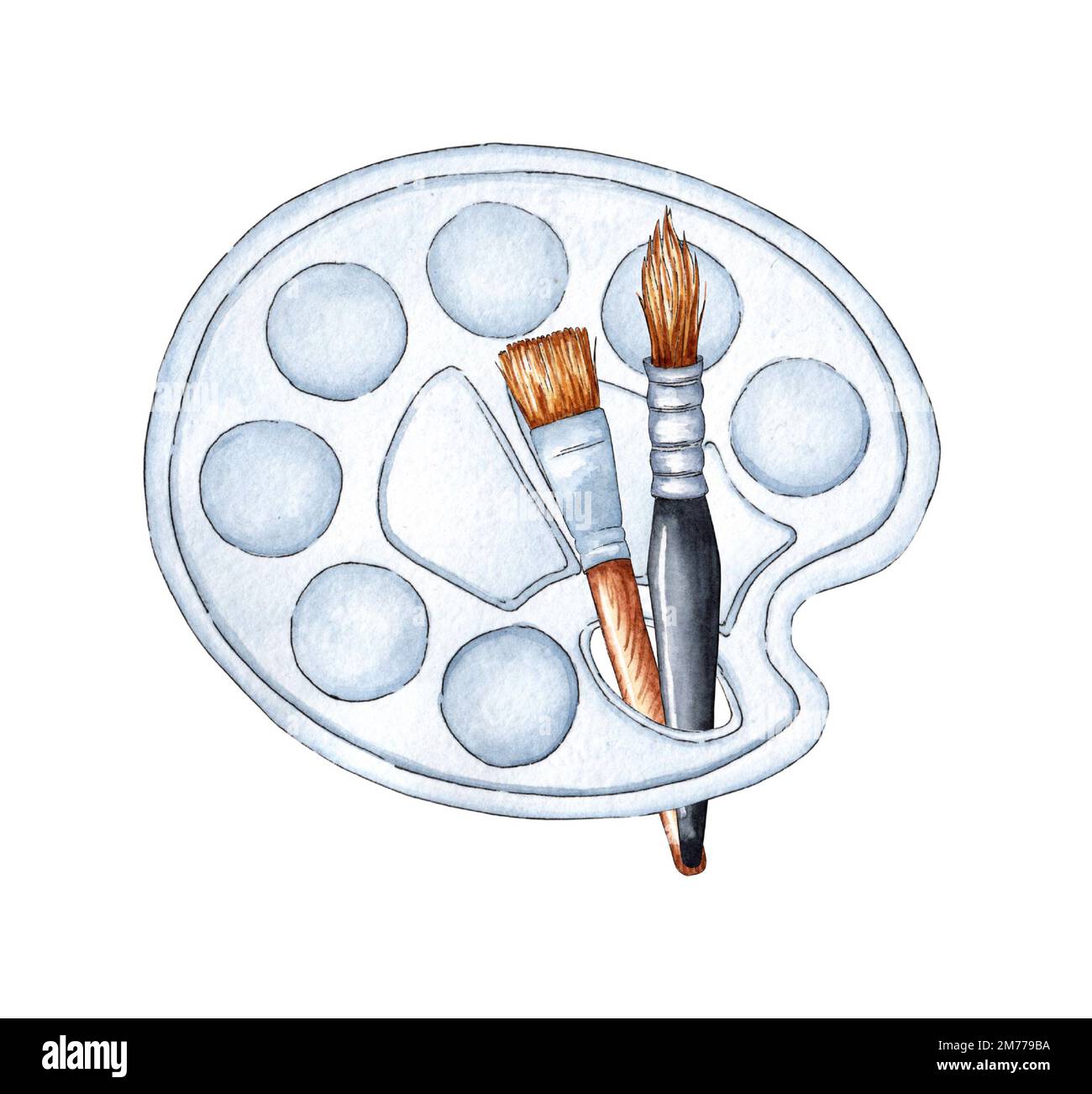 an illustration of art materials with brushes pencils and an artists palette with paints on a white background Stock Photo - Alamy