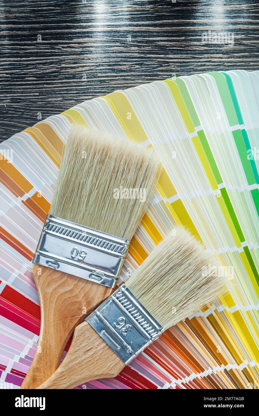 Color pantone fan paint brushes on wooden board top view Stock Photo