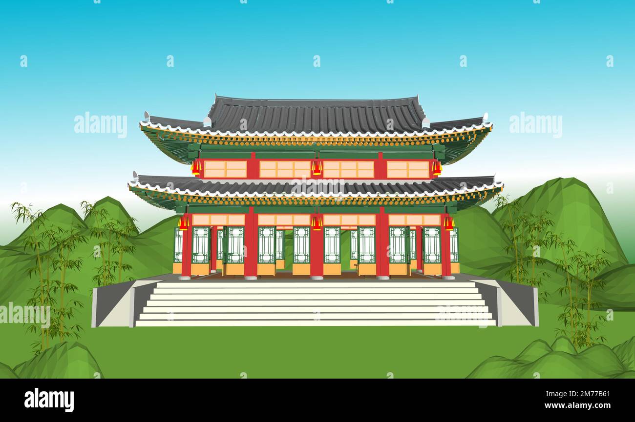 Hanok buildings isolated vector illustration set. Traditional Korean house design element collection. Ancient, classic asian town in cartoon style. Stock Vector