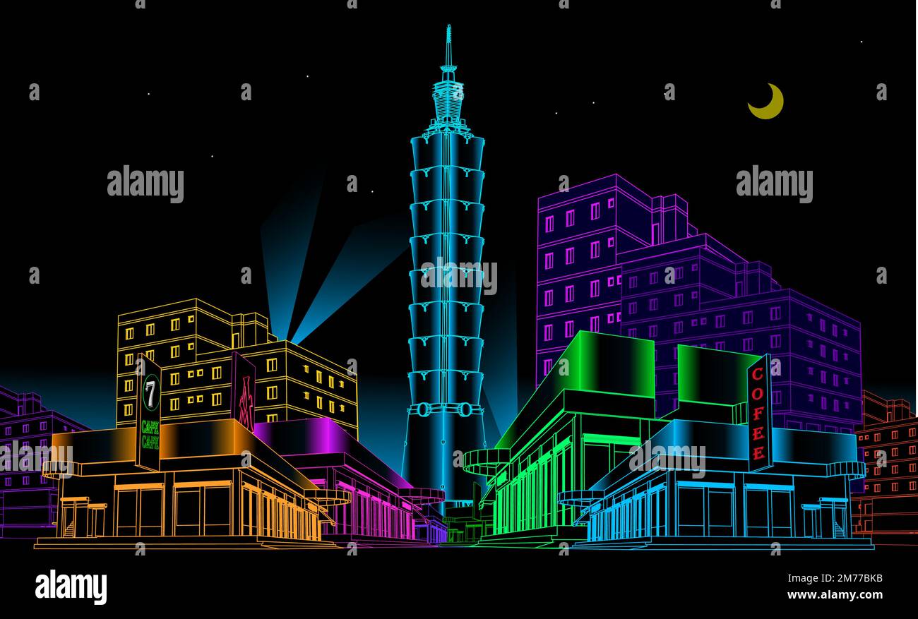 Taipei ( Taiwan ) skyline with panorama in night background. Vector Illustration. Business travel and tourism concept with modern buildings. Image for Stock Vector