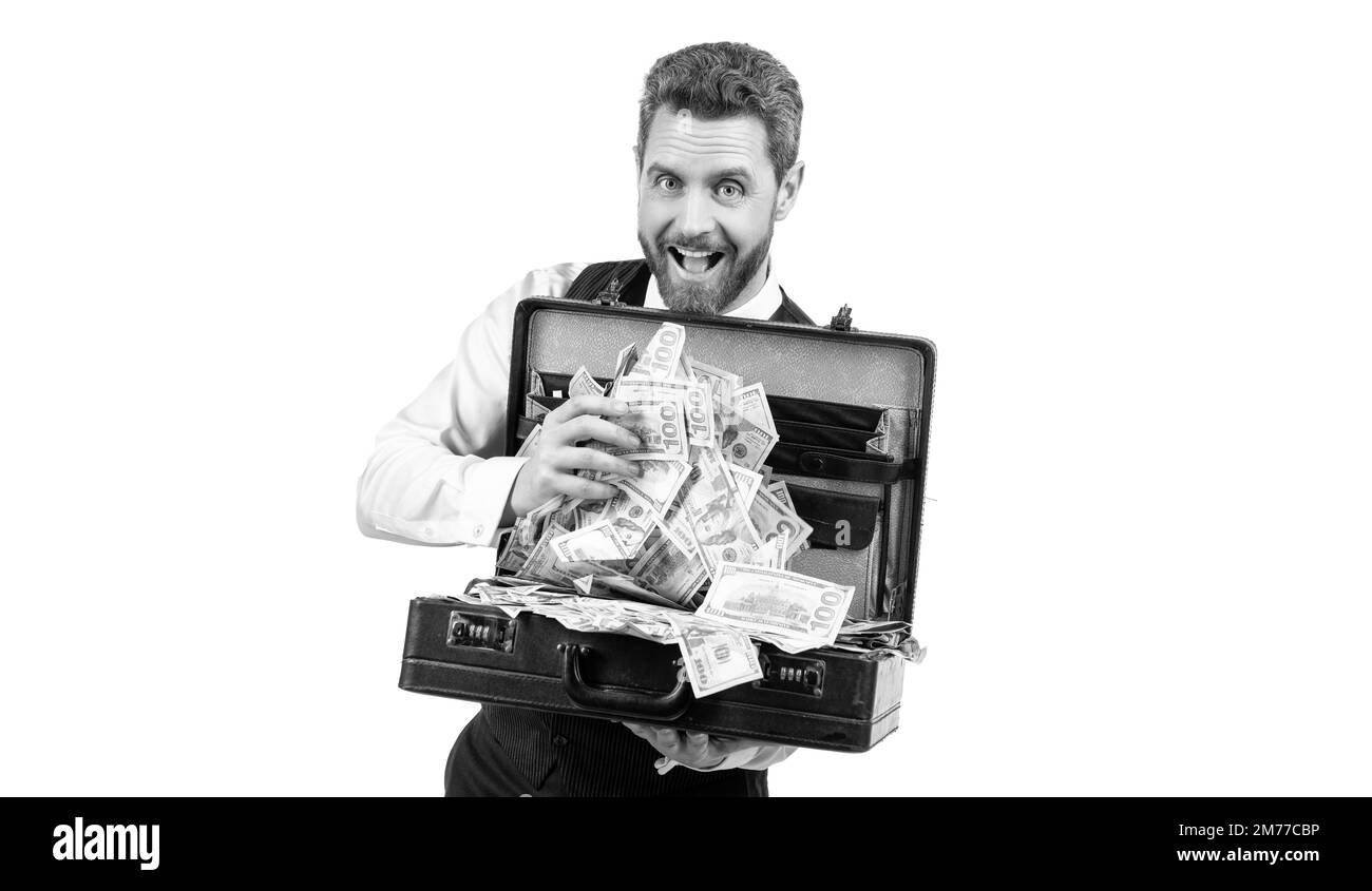 happy man hold case with money isolated on white background, bribe Stock Photo