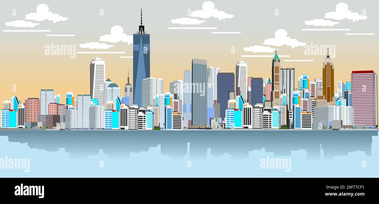 New York cityscape vector illustration. Cartoon New York landmarks in night, Freedom Tower on One World Trade Center and famous US America city buildi Stock Vector