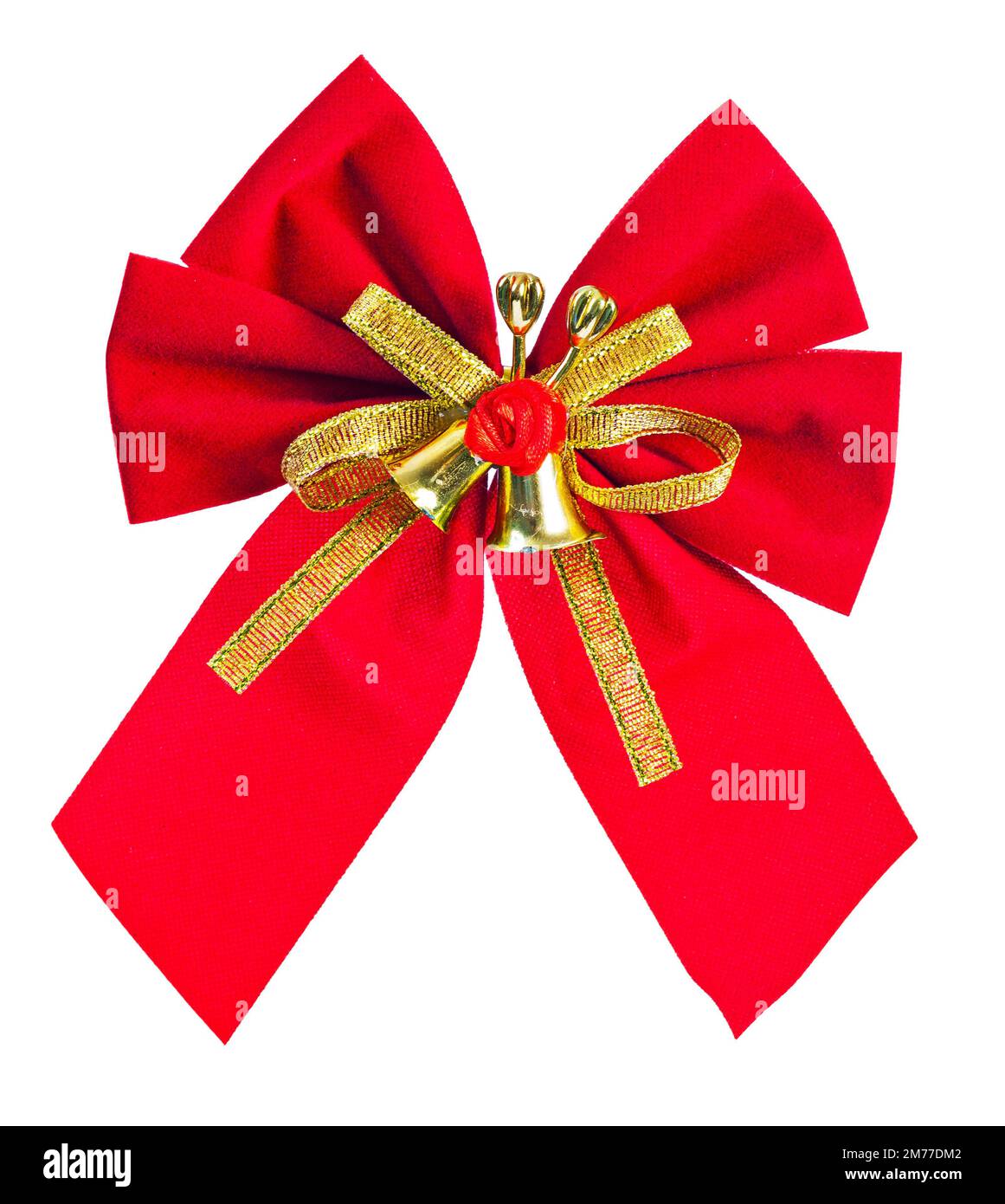 red christmas bow with golden ribbon and bells isolated on white