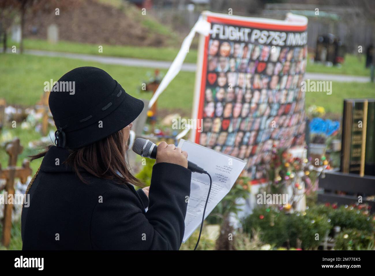 London, UK. 7 Jan 2023: Mother of Saeed Tahmasebi Khademasad—one of the 176 passengers to lose his life in the Flight PS752—gives a speech at the memorial day on the third anniversary of her son's death at Chiswick New Cemetery. The 8th of January marks the third anniversary since the Ukrainian Flight PS752 was shot down by Iran’s Islamic Revolutionary Guard Corps surface-to-air missiles shortly after take-off in Tehran in 2020. Sinai Noor / Alamy Live News Stock Photo