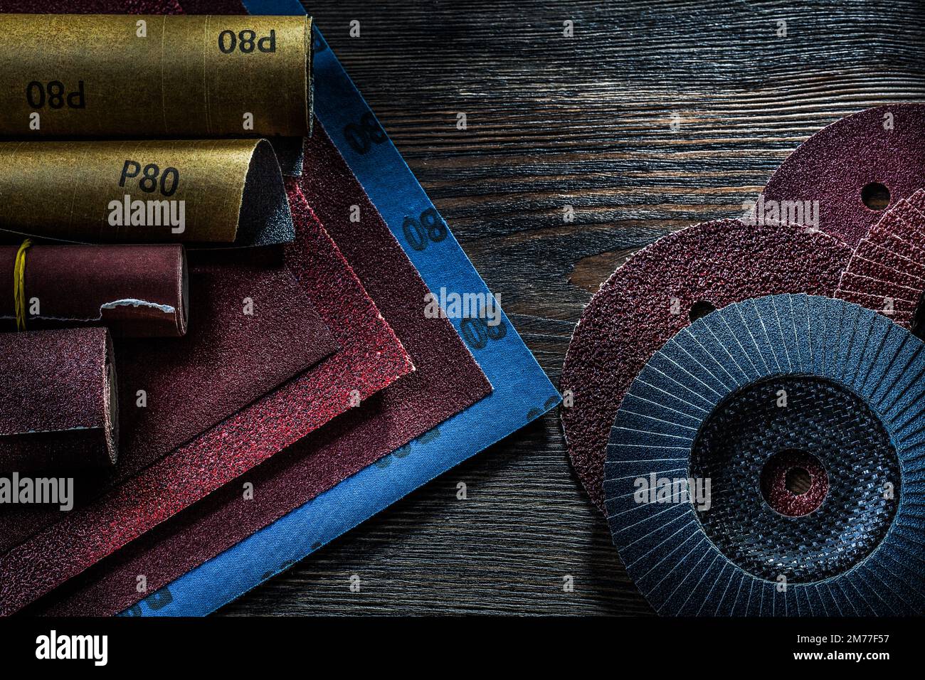 set of abrasive tools on vintage wood background Stock Photo Alamy