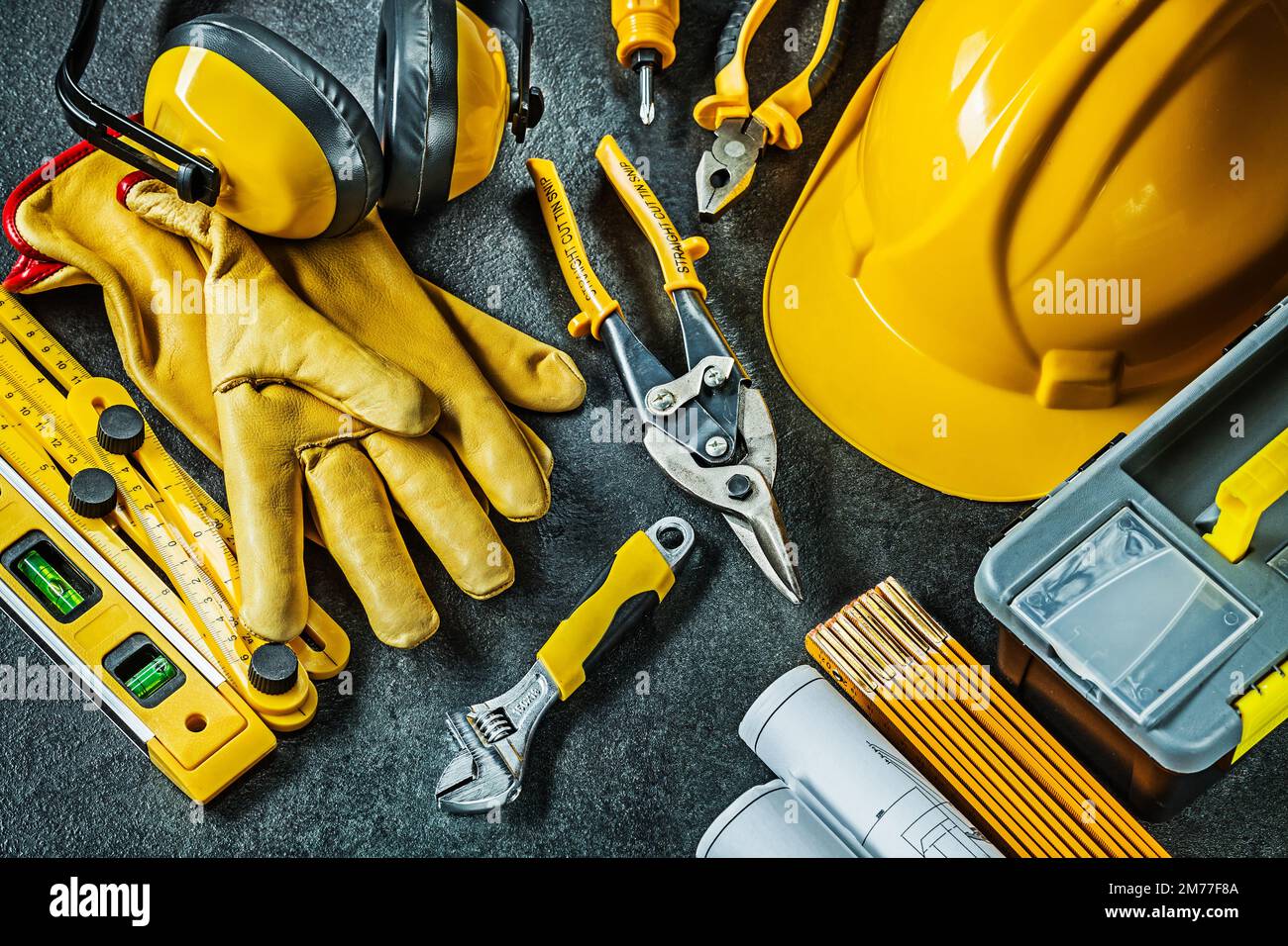set of construction tools on black background Stock Photo Alamy