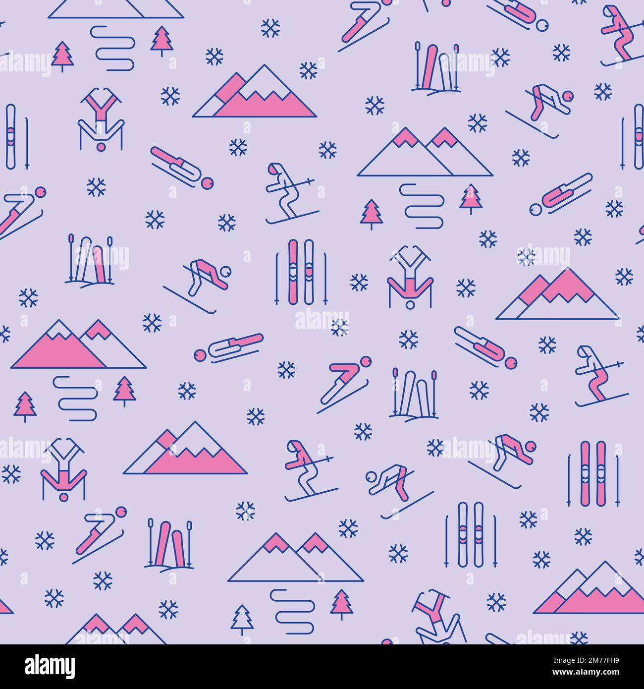 Purple Vector Mountain Skiing Winter landscape repeat pattern design Stock Vector