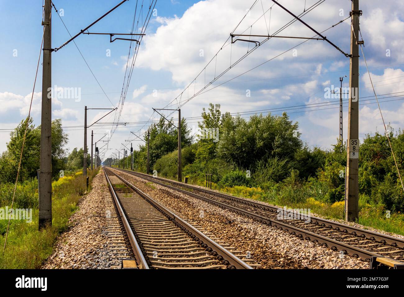 Tracks of an electric railway line on a hot summer day. Perspective