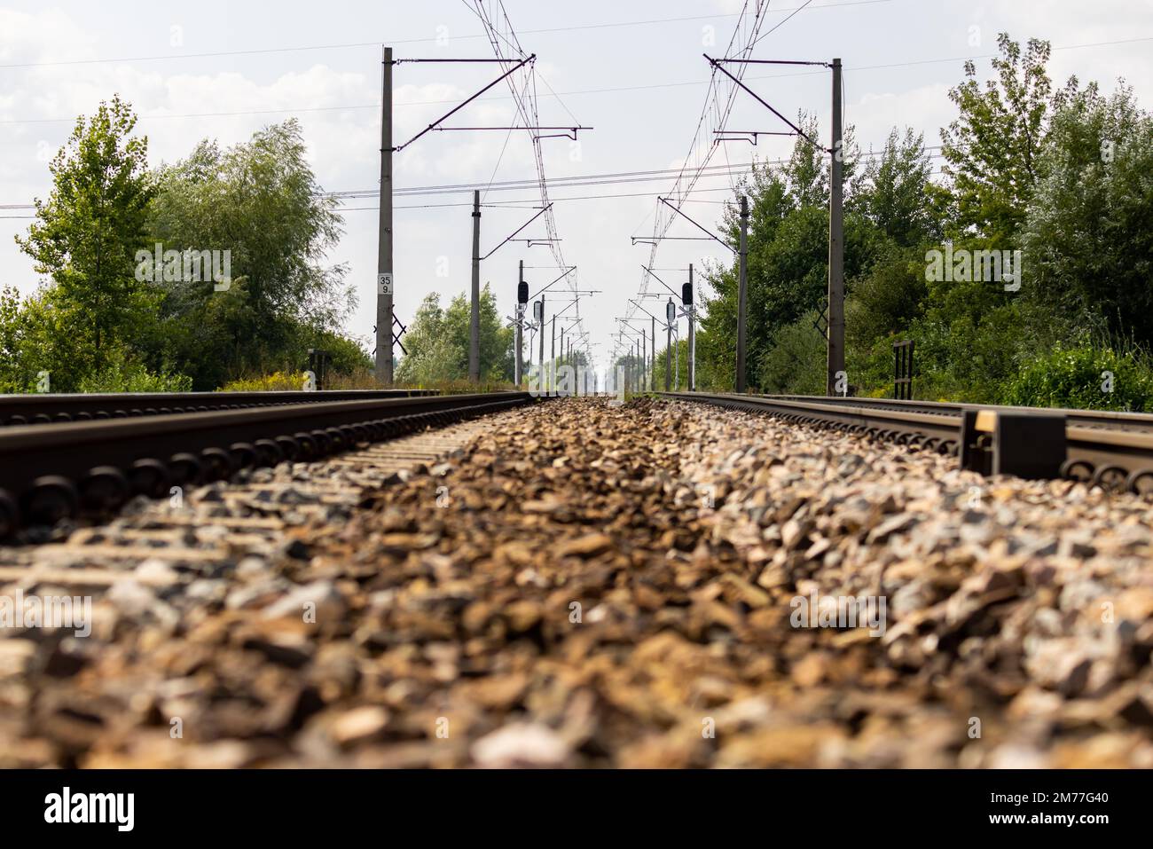 Railway track rails on a hot summer day. Super low angle perspective
