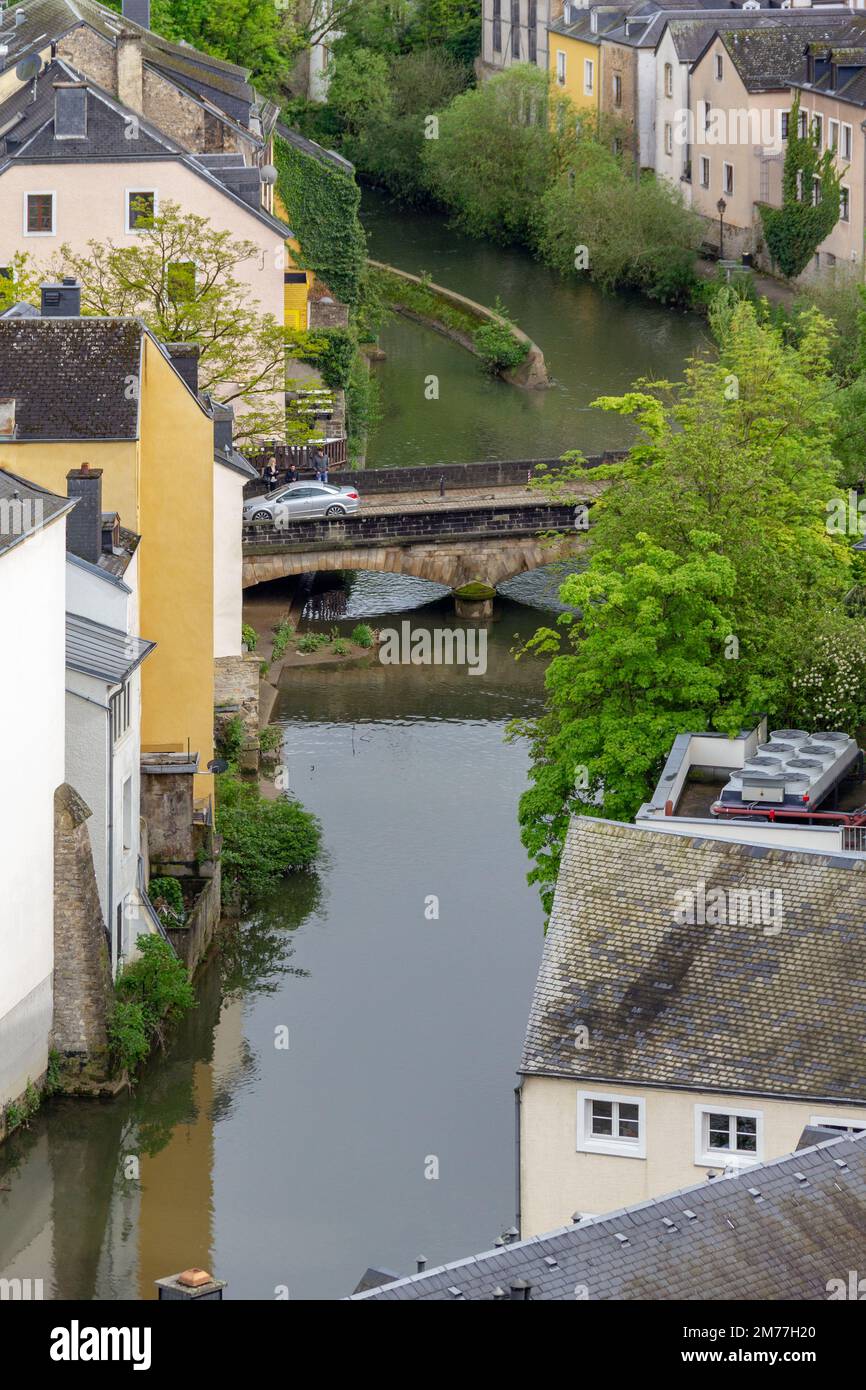 LUXEMBOURG, LUXEMBOURG - MAY 15, 2013: This is a residential development in an area located in the bed of the river Alzette near the Grund bridge. Stock Photo