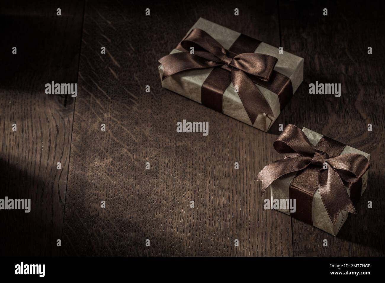 two vintage gift boxes on wooden background Stock Photo