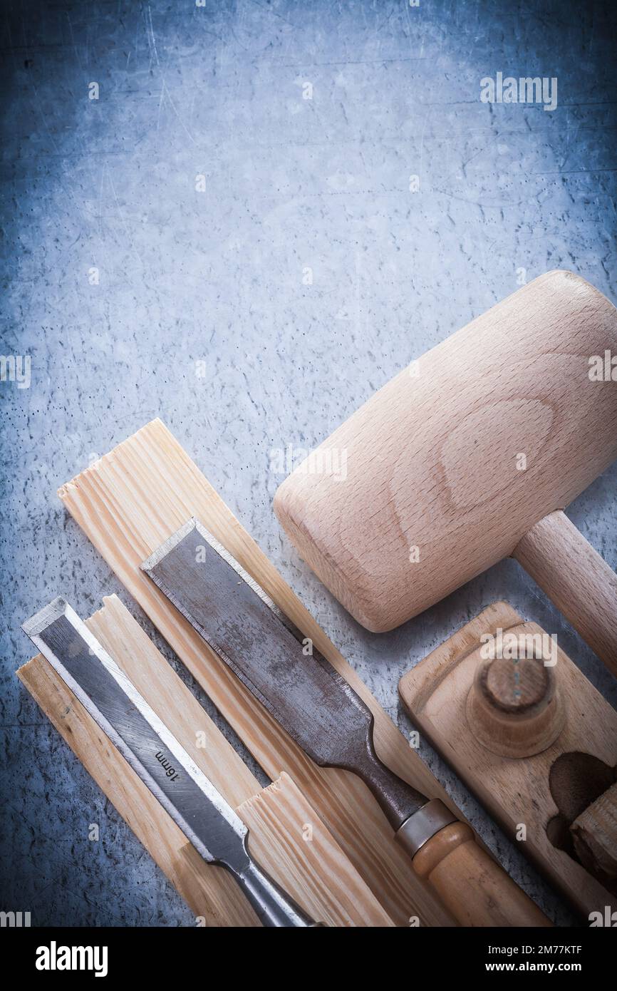 Wooden planer mallet bricks firmer chisels construction concept Stock ...