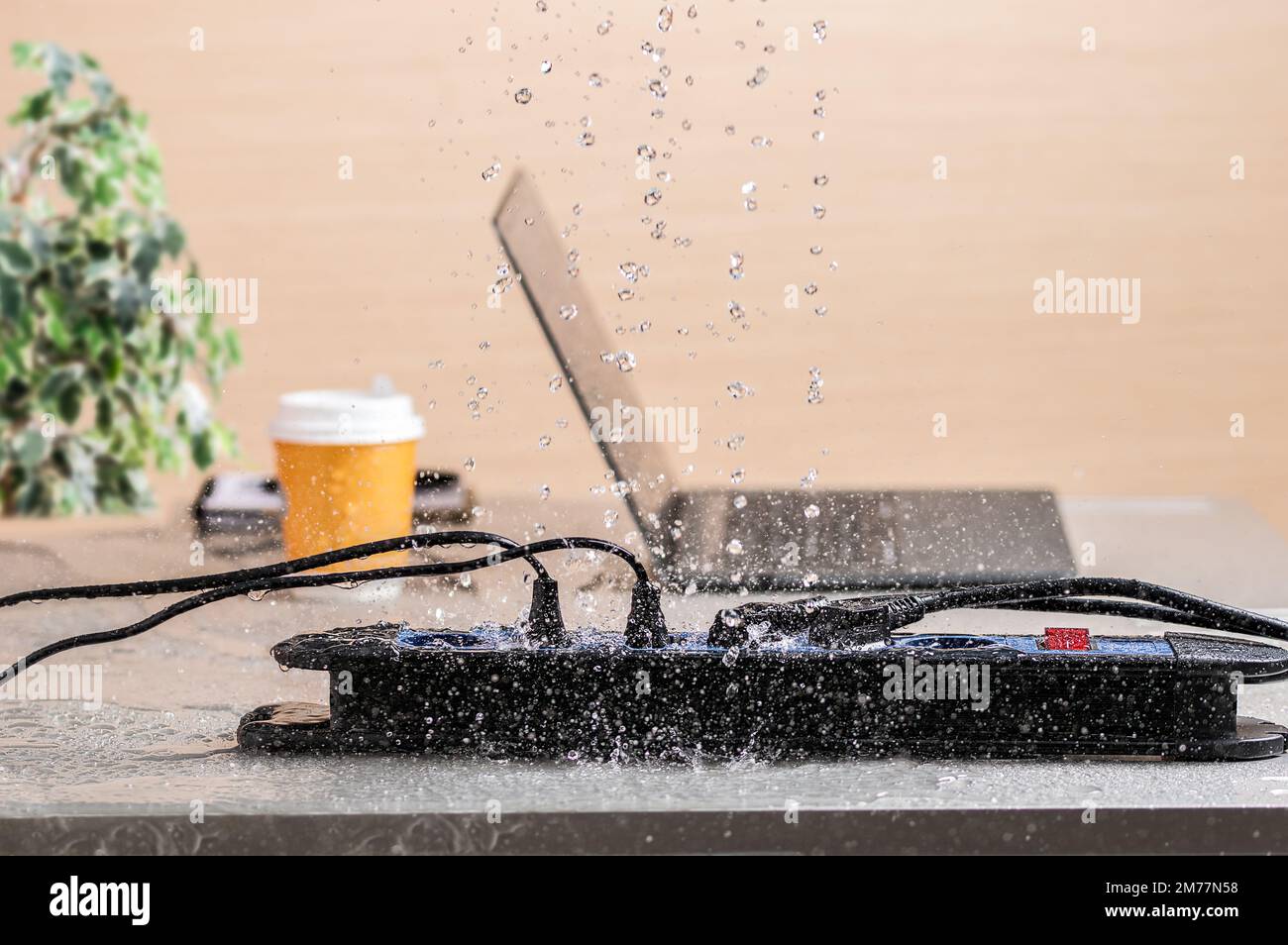 Dangerous from rainy or water drops on a power strip short circuit and