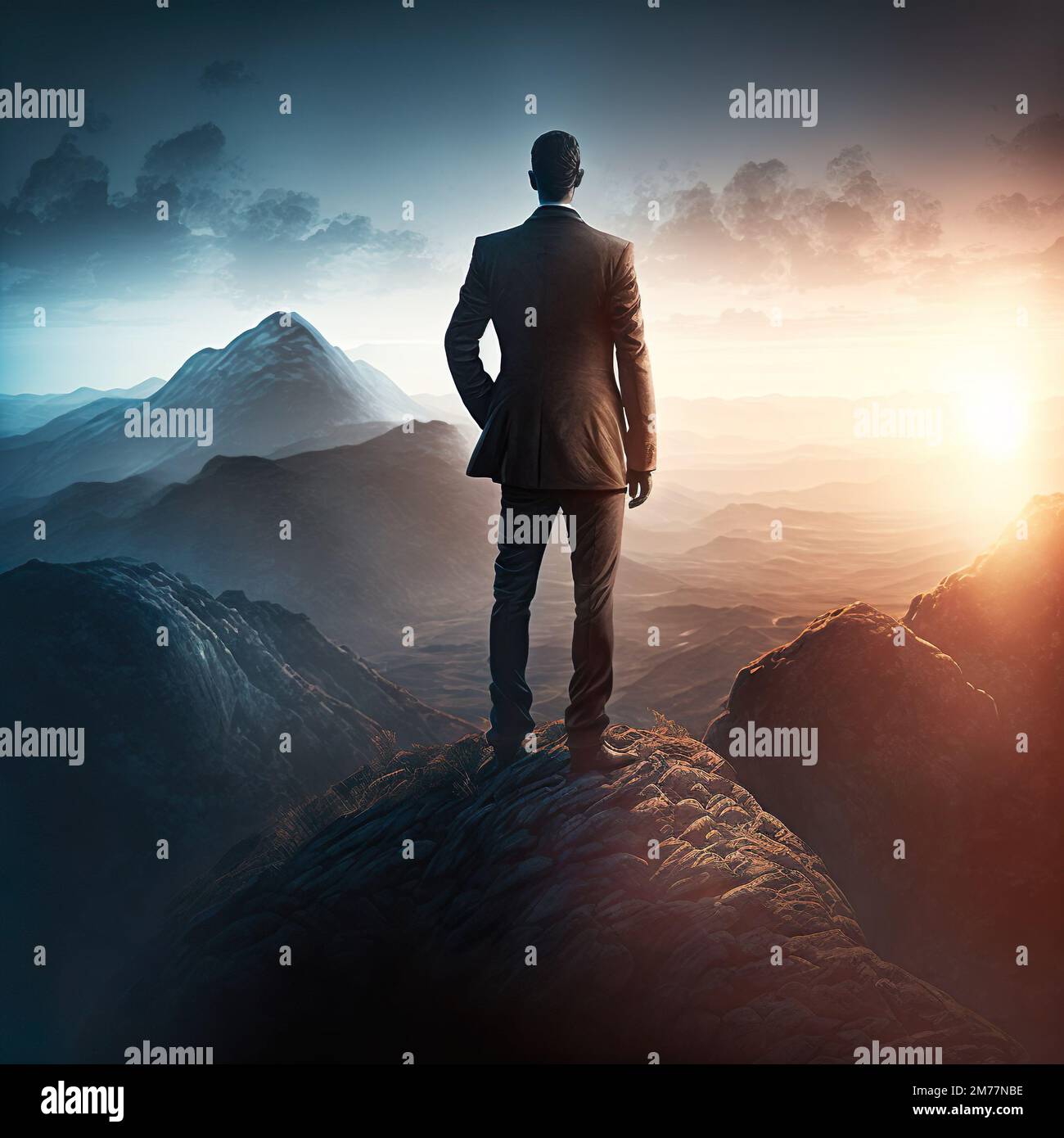 A man wearing suit stands on the top of a mountain in the morning Stock ...