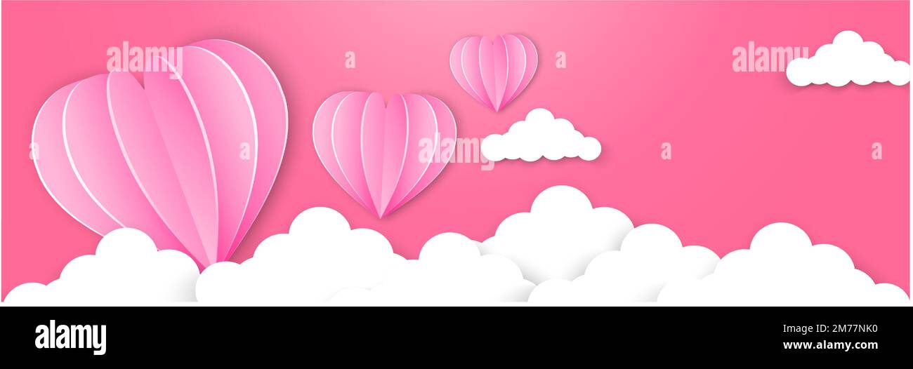 Happy valentines day typography vector design with paper balloons in the sky red pink heart shape cut white clouds vector image of love Stock Vector