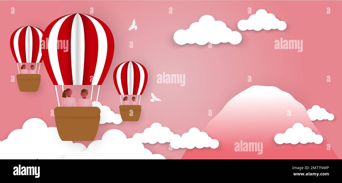Happy valentines day typography vector design with paper balloons in the sky red pink heart shape cut white clouds vector image of love Stock Vector