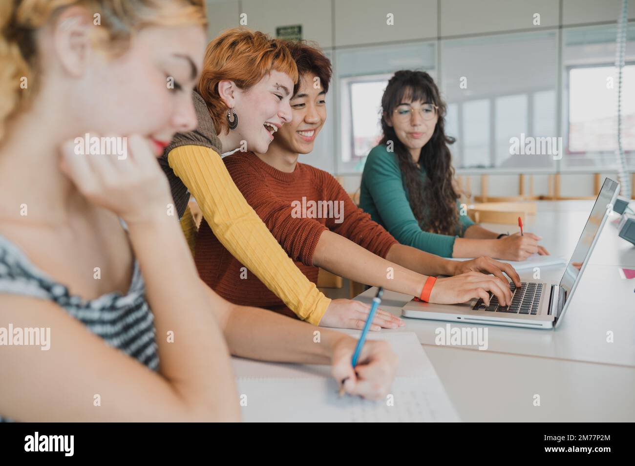 Diverse students studying together using netbook in university Stock Photo