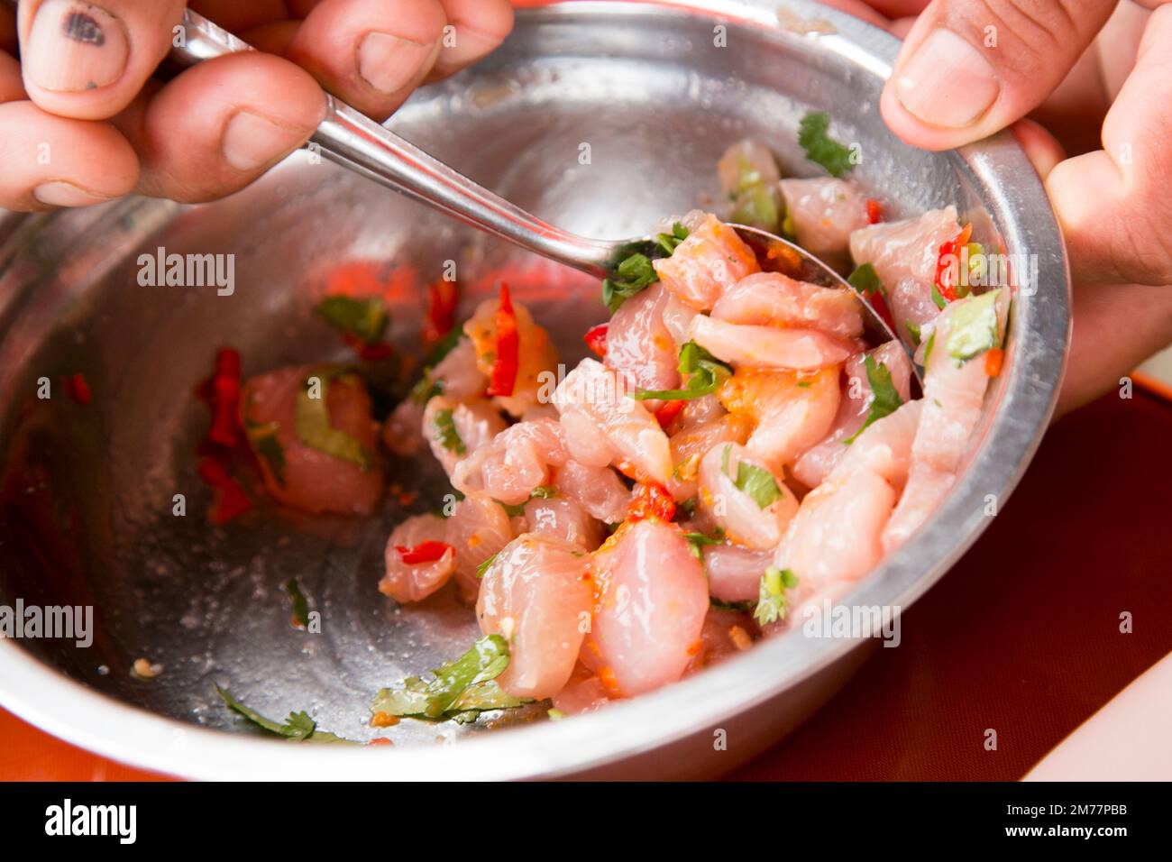 Preparing a delicious Peruvian sea bass ceviche in the fishing port of
