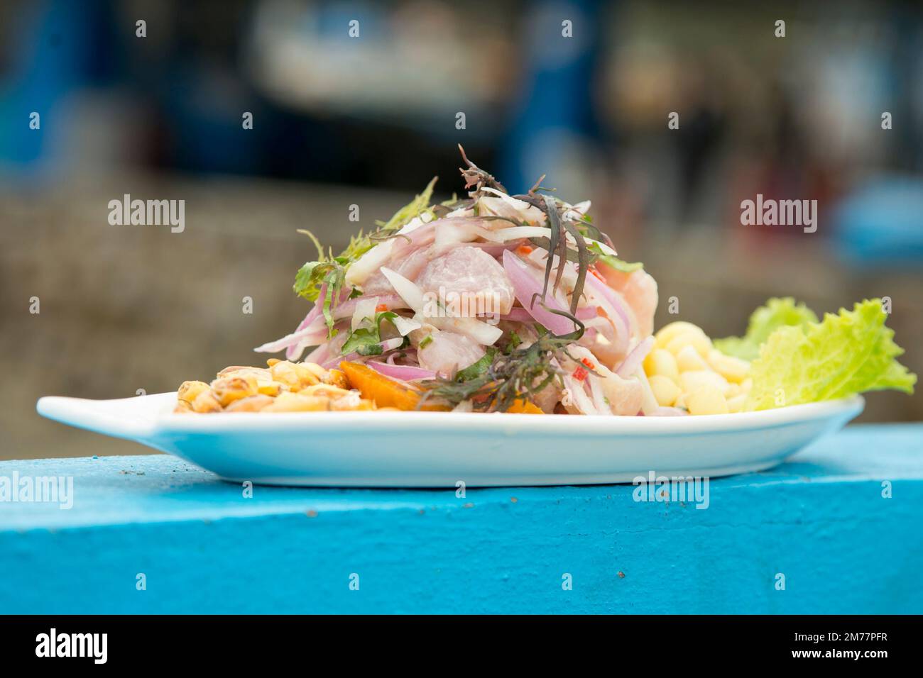 Preparing a delicious Peruvian sea bass ceviche in the fishing port of