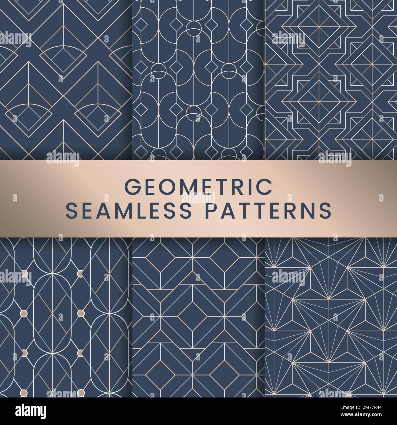 White geometric seamless patterns set on blue background Stock Vector
