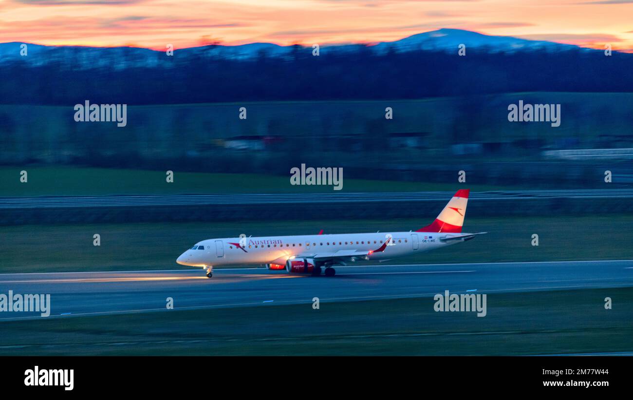 schwechat, austria, 4 jan 2022, Embraer E195LR , OE-LWE , operated by austrian airlines arriving at the vienna international airport Stock Photo