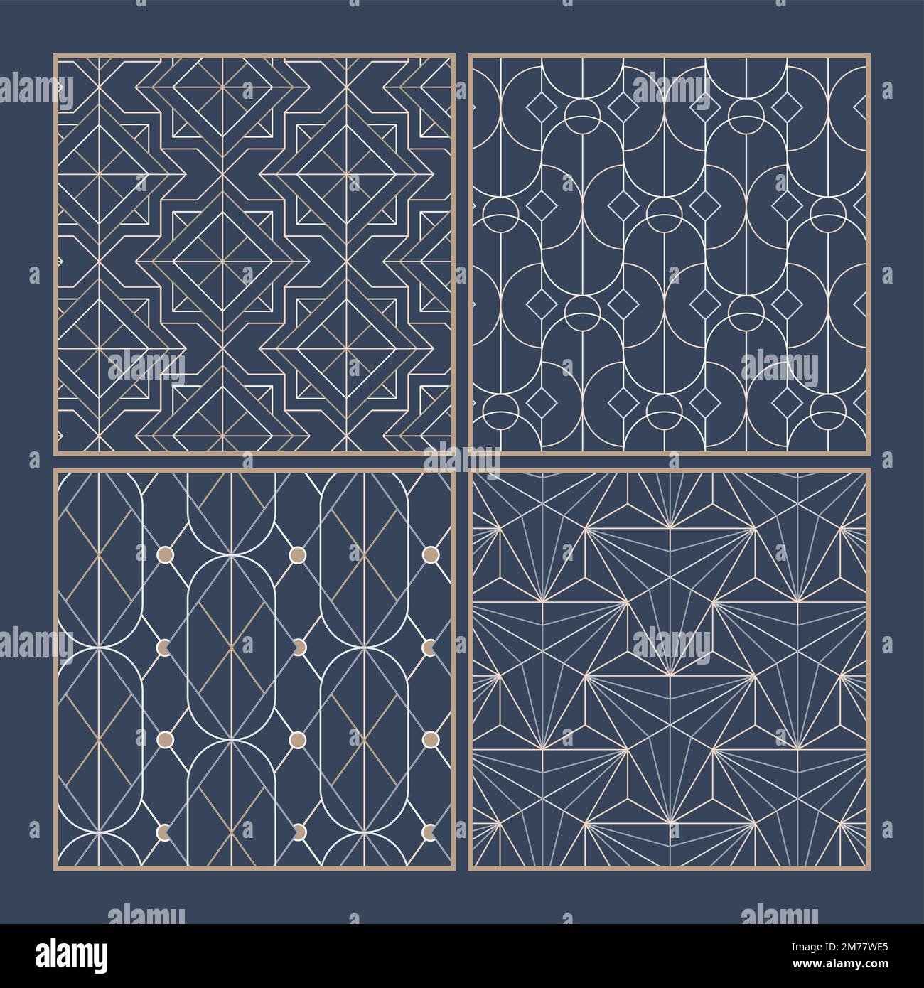 White geometric seamless patterns set on blue background Stock Vector