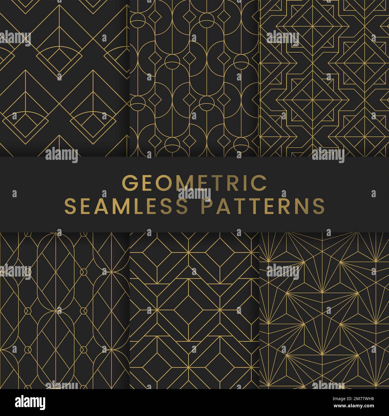 Golden geometric seamless patterns set on black background Stock Vector