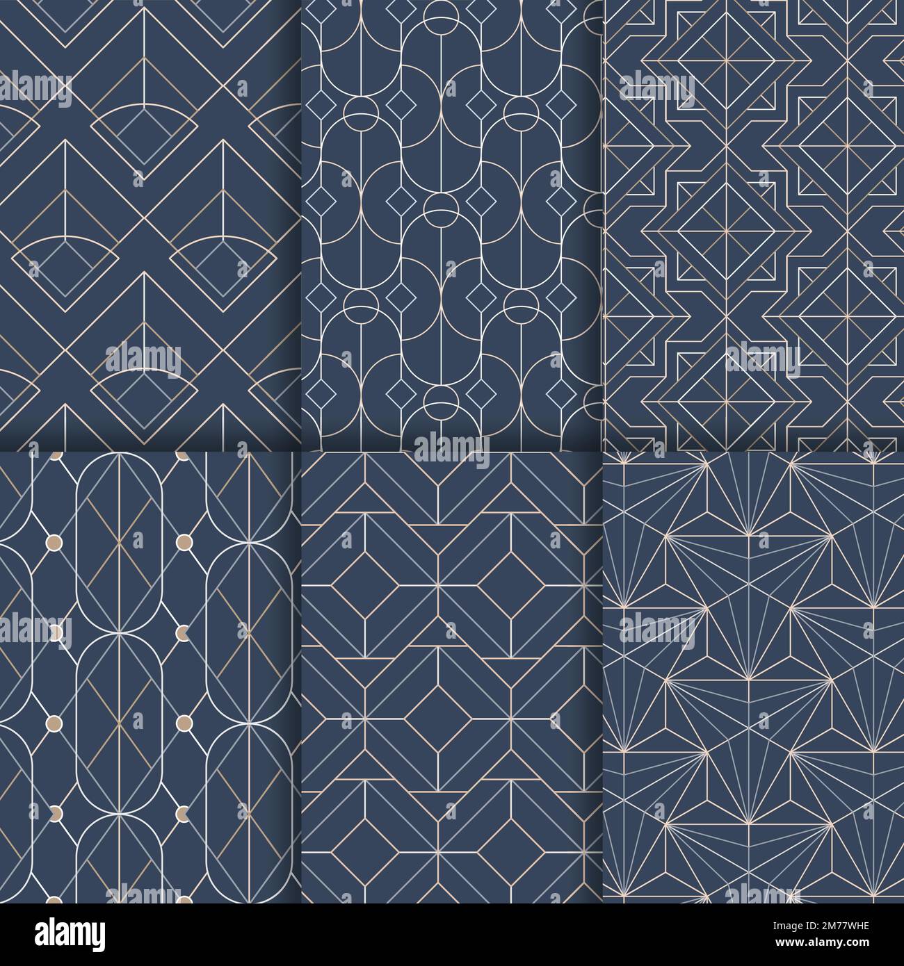 White geometric seamless patterns set on blue background Stock Vector
