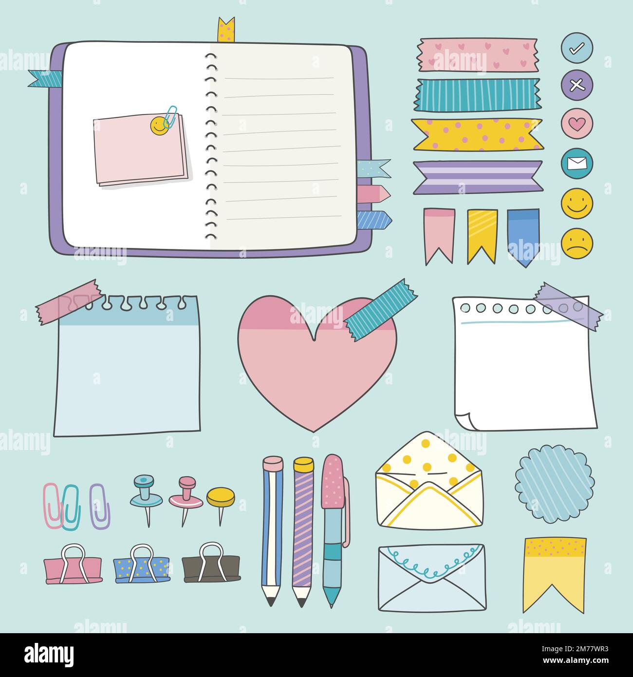 Note papers and office supplies doodle vector set Stock Vector