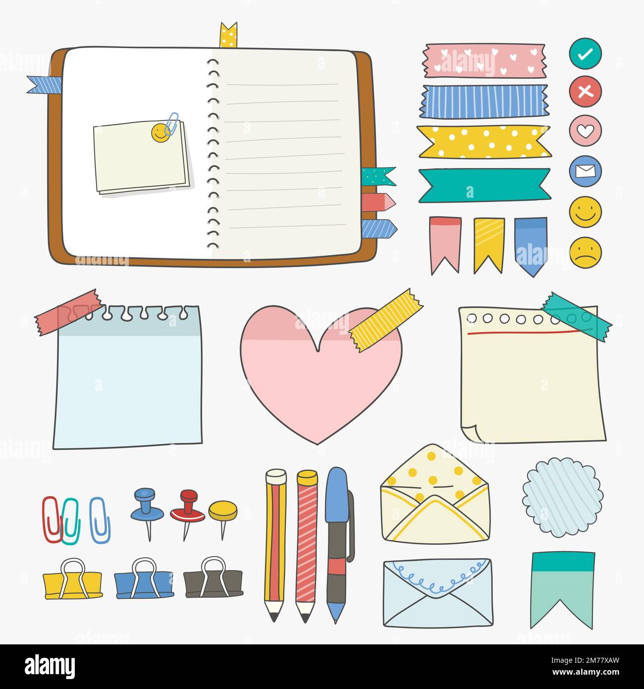 Note papers and office supplies doodle vector set Stock Vector