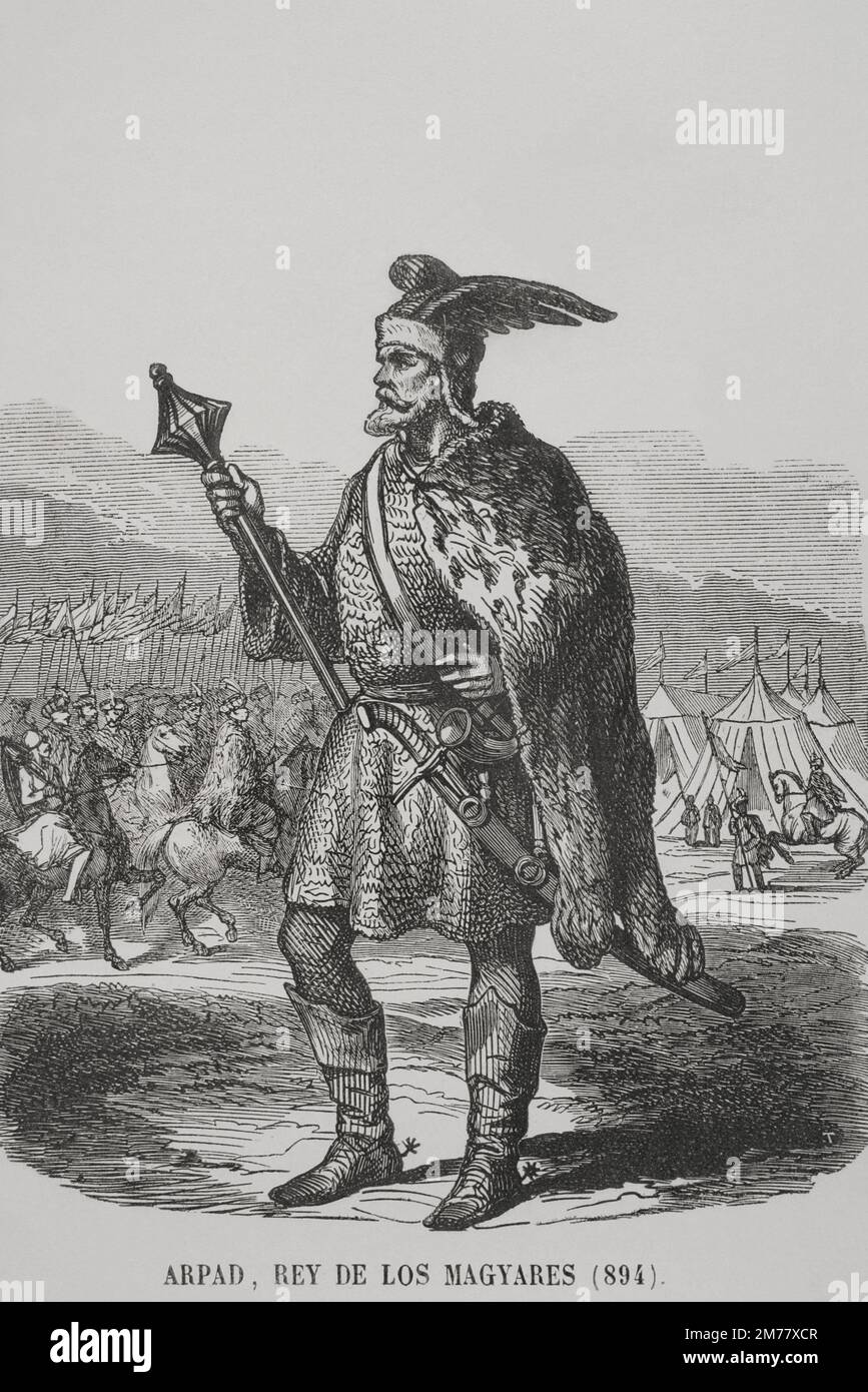 Arpád (c. 845 - c. 907). Grand Prince of the Magyars (c. 895–c. 907). Portrait. Engraving. 'Los Heroes y las Grandezas de la Tierra' (The Heroes and the Grandeurs of the Earth). Volume VI. 1856. Stock Photo