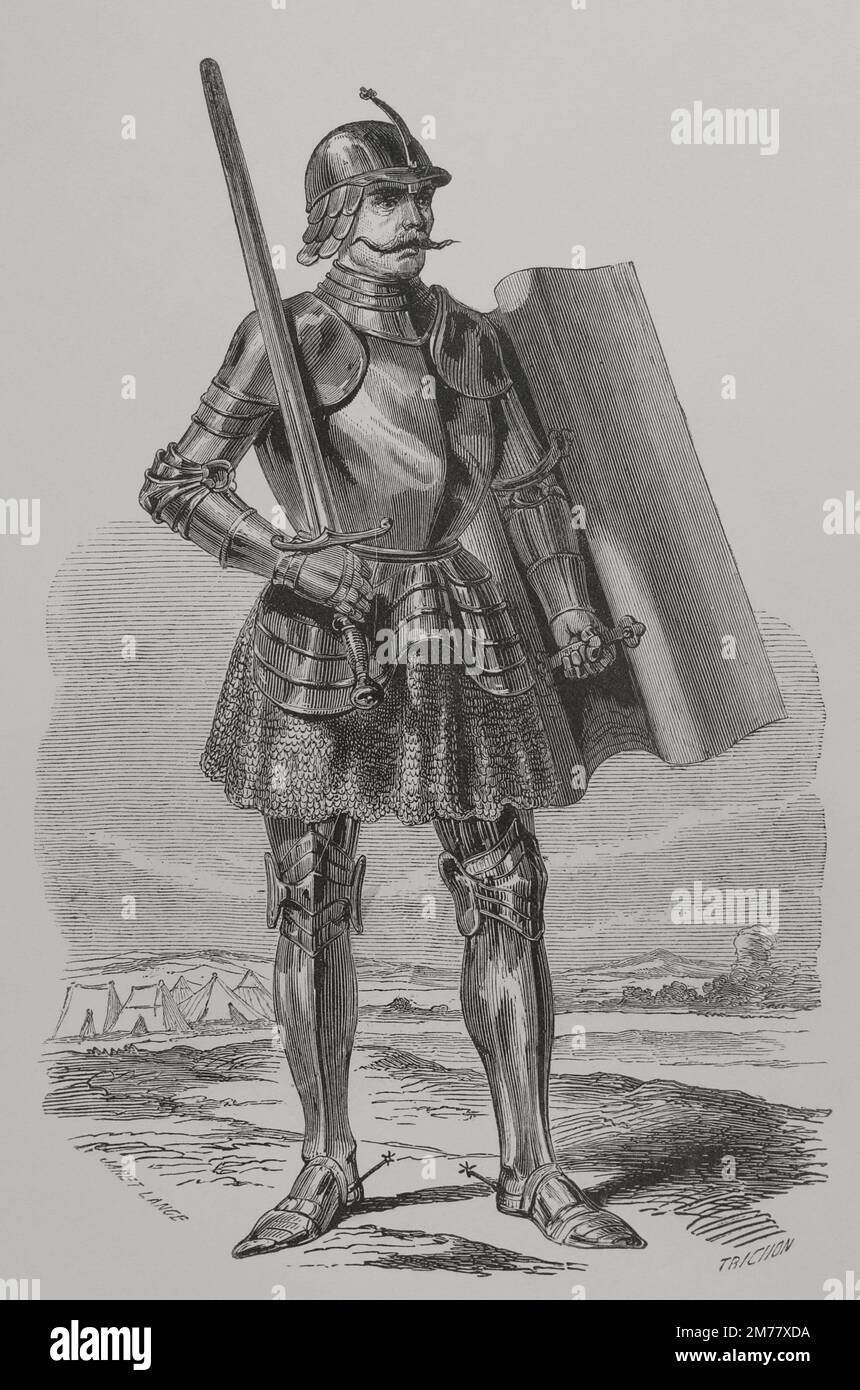 John Hunyadi (1406-1456). Regent of the Kingdom of Hungary (1446-1452). Hunyadi defended Hungary from attempted invasions by the Ottoman Empire. Portrait. Engraving by Janet Lange and Trichon. 'Los Héroes y las Grandezas de la Tierra' (The Heroes and the Grandeurs of the Earth). Volume VI. 1856. Stock Photo
