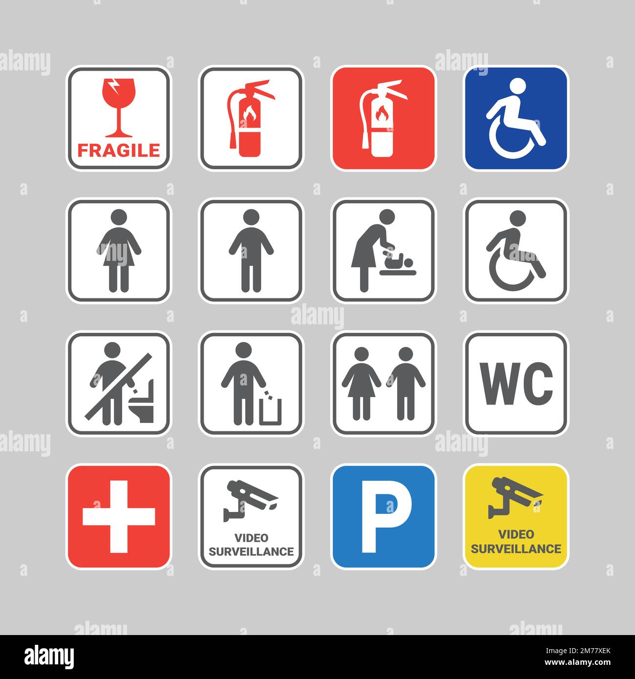 Wc, toilet and fire extinguisher colorful vector sticker and sign set. Public restroom, medical kit and parking stickers and signs. Stock Vector