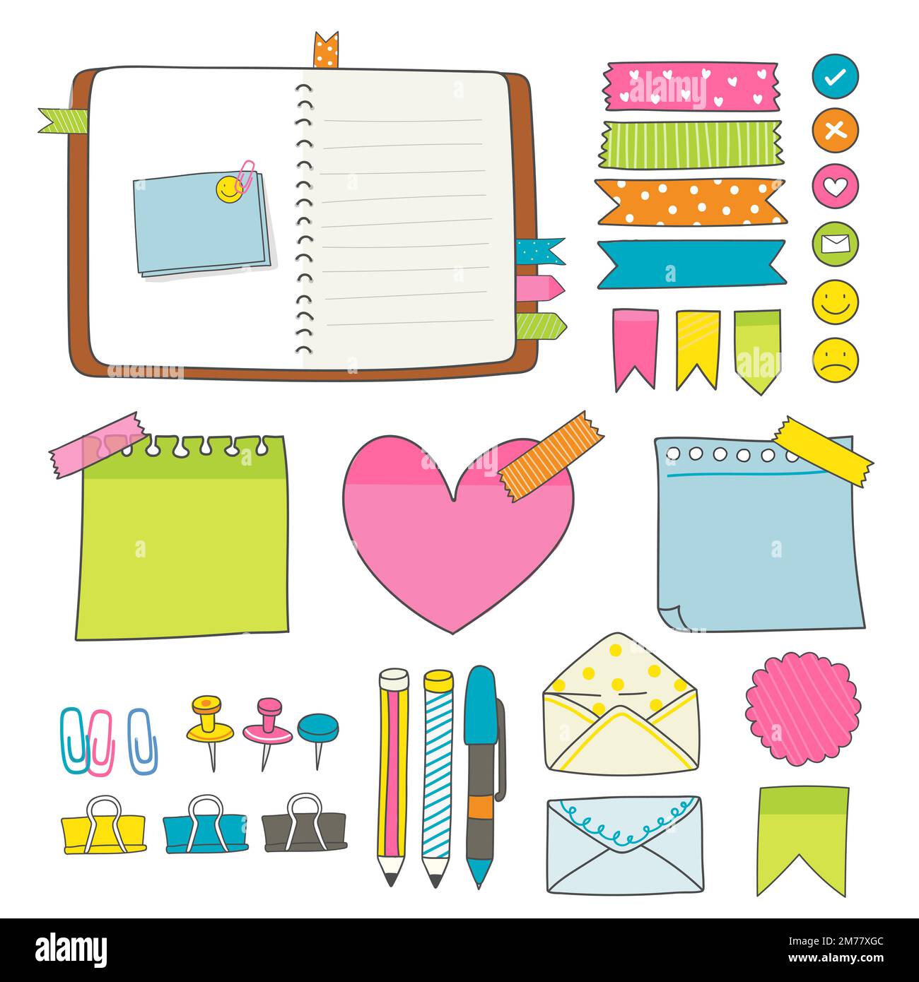 Note papers and office supplies doodle vector set Stock Vector