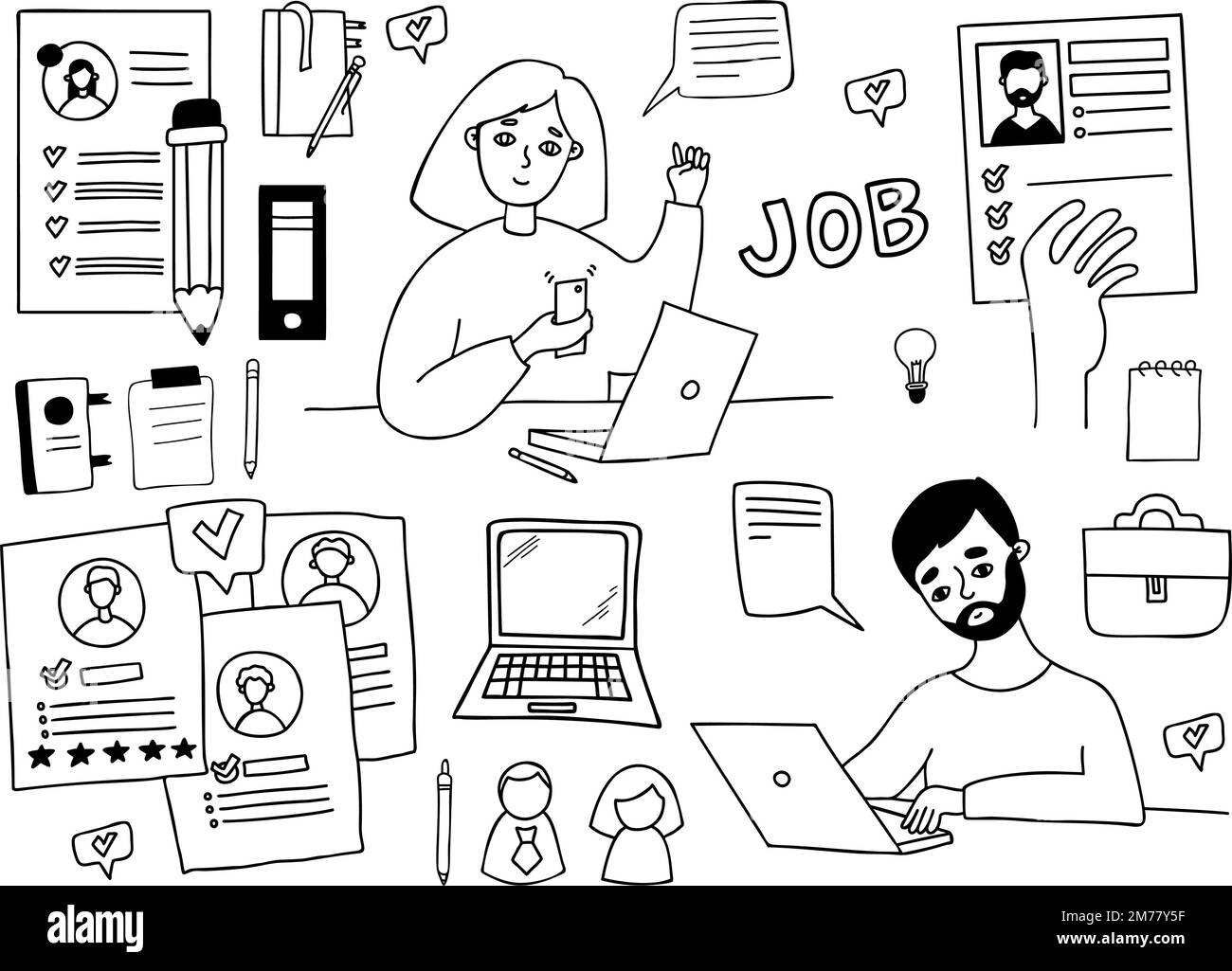 Collection doodle business and job search symbols. Woman and man work