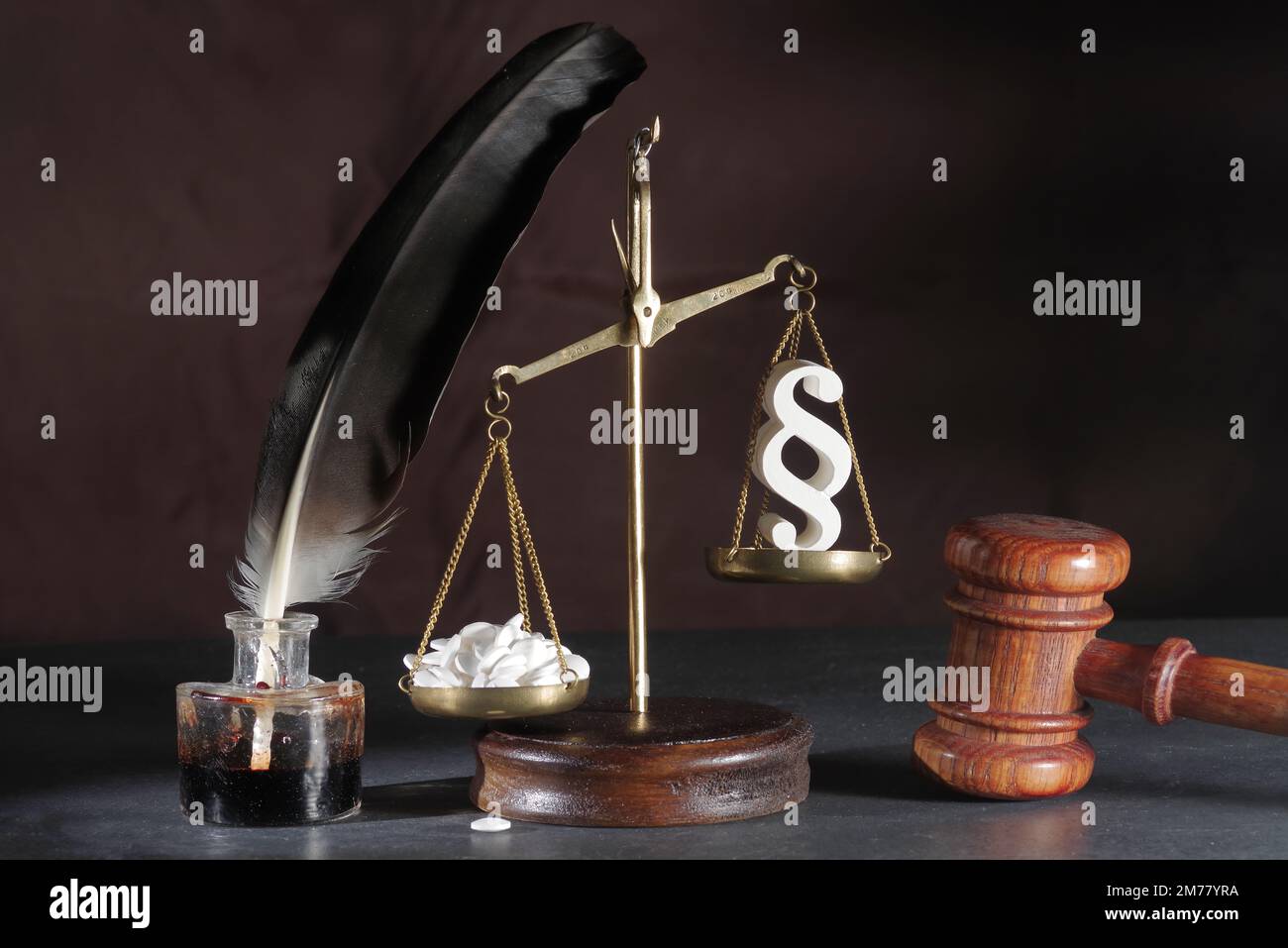 Law in medicine. Scales justice and pills on an abstract background. The concept of medical law and medical crimes Stock Photo