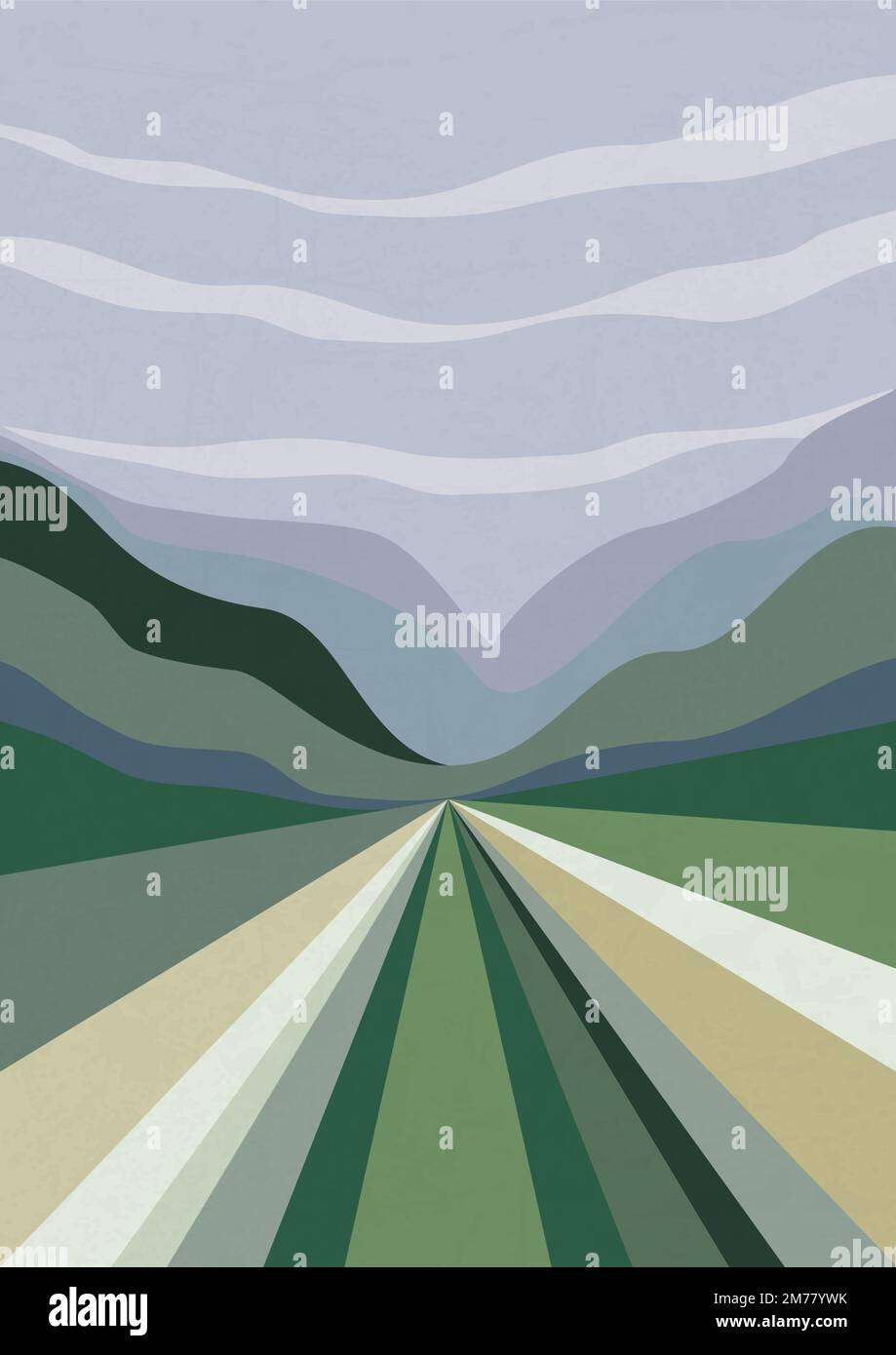 Vector minimalistic aesthetic landscapes with mountains and road. Boho