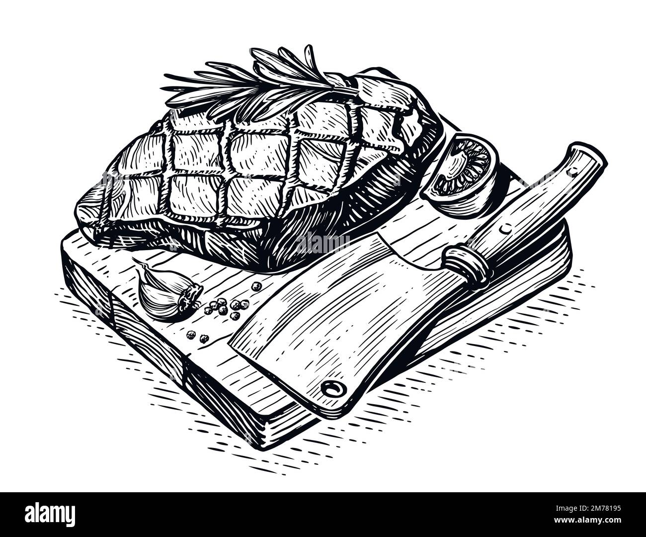 Grilled beef veal steak and knife cleaver on wooden cutting board