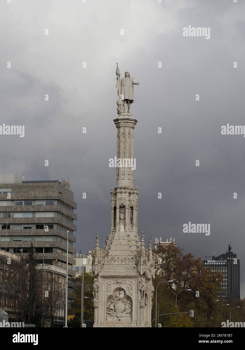 Columbus square with Monument to Christopher Columbus. Plaza de Colon is located in the encounter of Chamberi, Centro and Salamanca districts of Madri Stock Photo