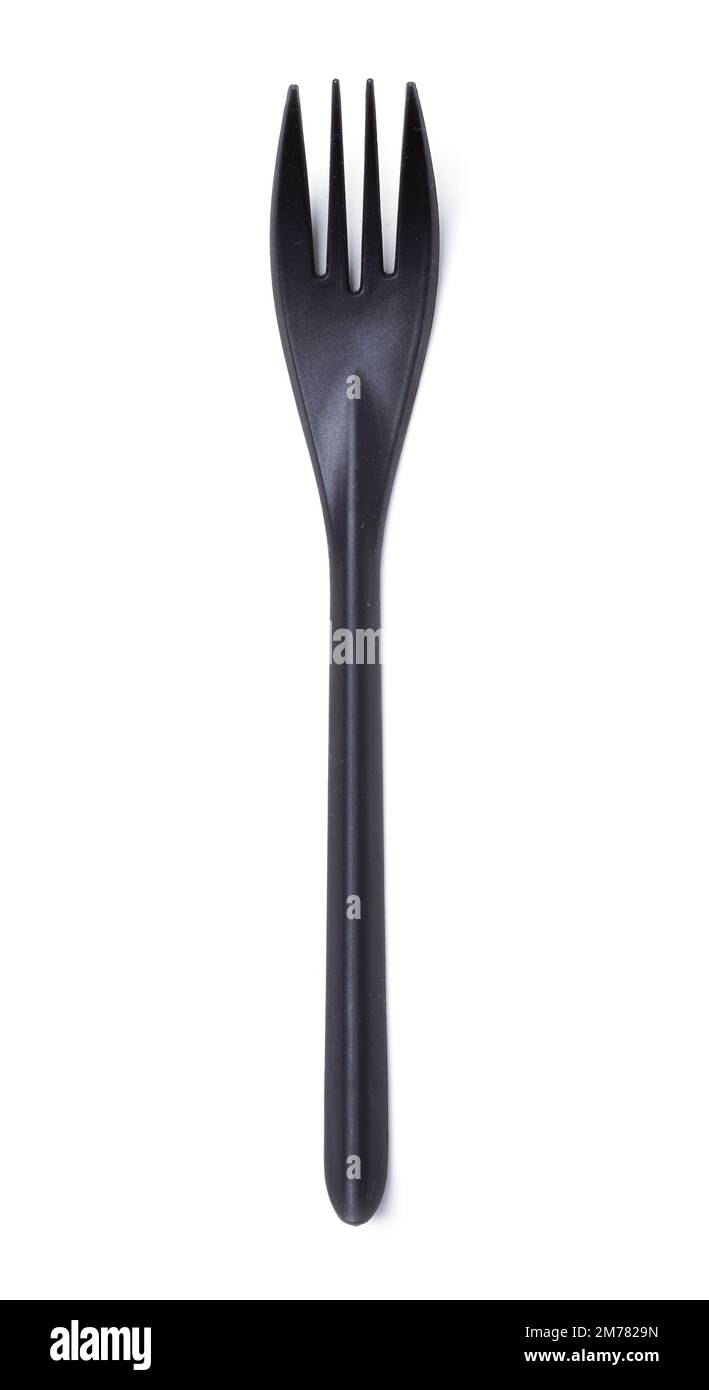 Black plastic fork closeup isolated on white. View from above Stock Photo