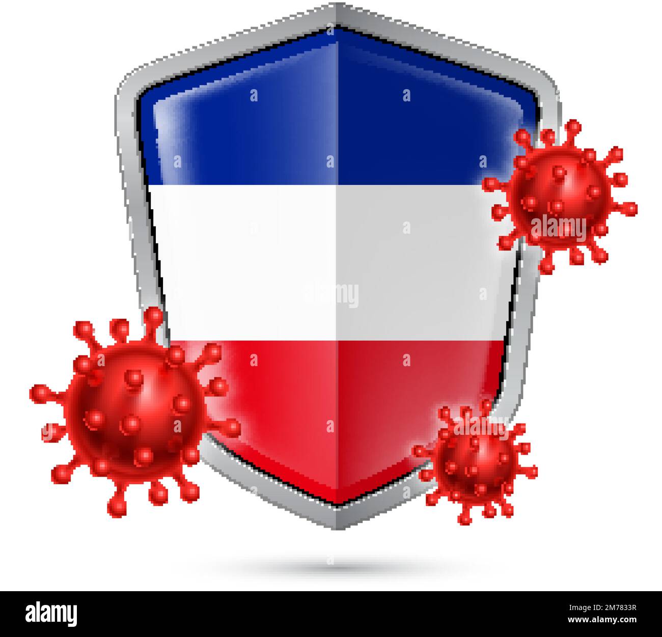 Flag of Yugoslavia on Metal Shiny Shield Icon and Red Corona Virus Cells. Concept of Health Care and Safety Badge. Security Safeguard Metal Label with Stock Vector