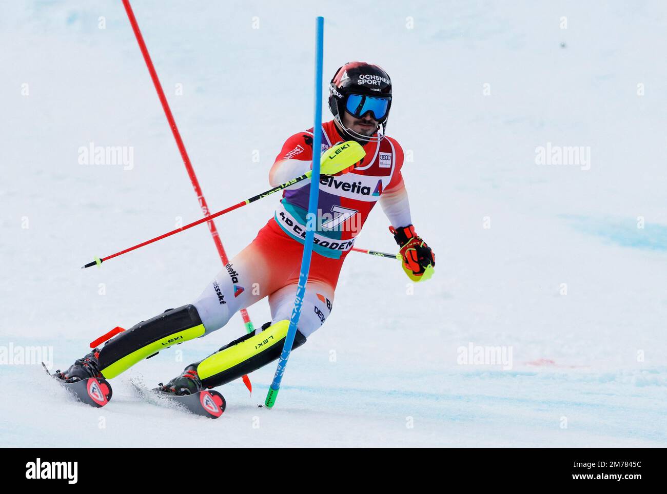 Alpine Skiing - FIS Alpine Ski World Cup - Men's Slalom - Adelboden, Switzerland - January 8, 2023 Switzerland's Loic Meillard in action REUTERS/Stefan Wermuth Stock Photo