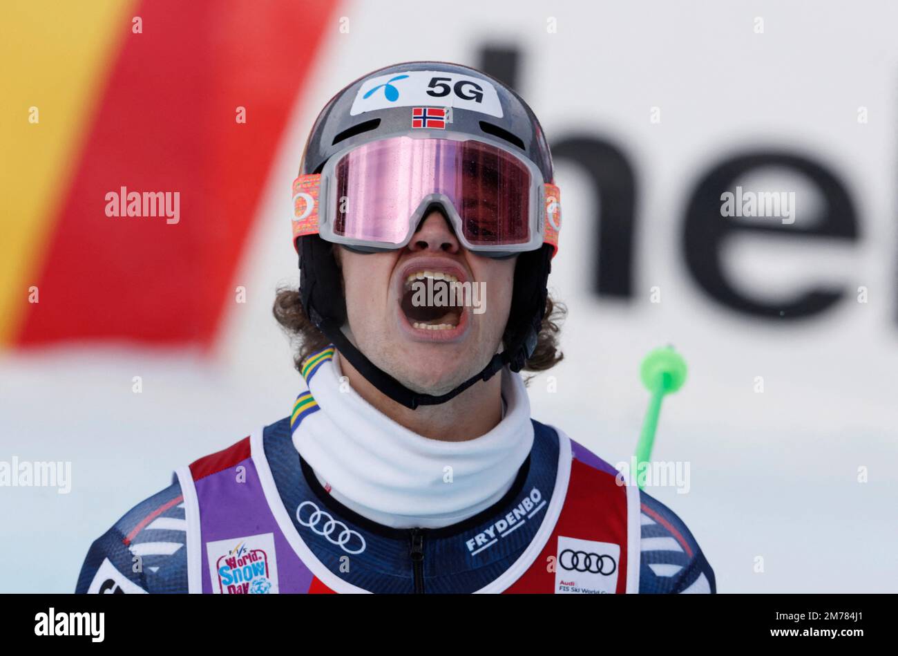 Alpine Skiing - FIS Alpine Ski World Cup - Men's Slalom - Adelboden, Switzerland - January 8, 2023 Norway's Lucas Braathen reacts REUTERS/Stefan Wermuth Stock Photo