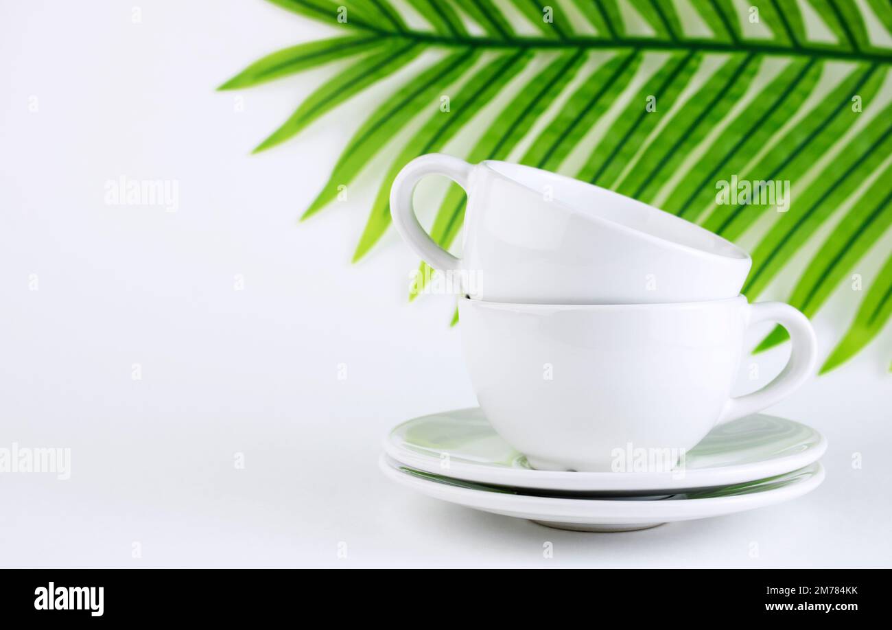 White mug and saucer on a white background, near palm leaves. A set of porcelain or ceramic dishes. Copy space Stock Photo