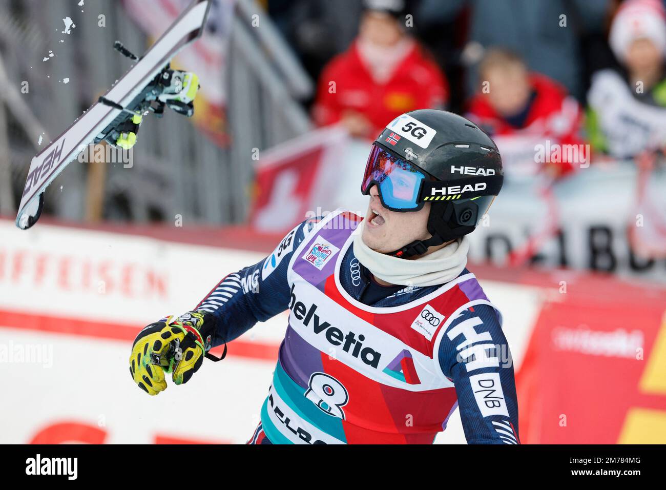 Alpine Skiing - FIS Alpine Ski World Cup - Men's Slalom - Adelboden, Switzerland - January 8, 2023 Norway's Atle Lie McGrath reacts REUTERS/Stefan Wermuth Stock Photo