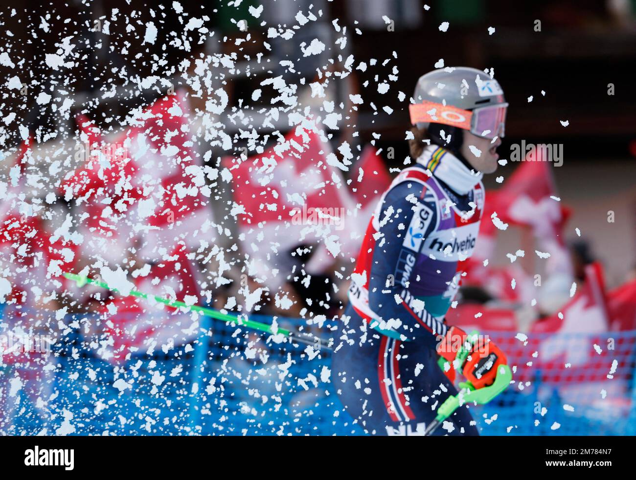Alpine Skiing - FIS Alpine Ski World Cup - Men's Slalom - Adelboden, Switzerland - January 8, 2023 Norway's Lucas Braathen celebrates after winning REUTERS/Stefan Wermuth Stock Photo